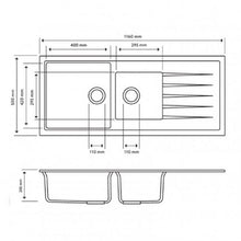 Carysil Vivaldi D200v 1&1/2 Bowl Granite Sink with Drainer 1160x500x205mm